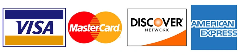 Logos of four credit card companies: Visa, MasterCard, Discover Network, and American Express, shown from left to right.